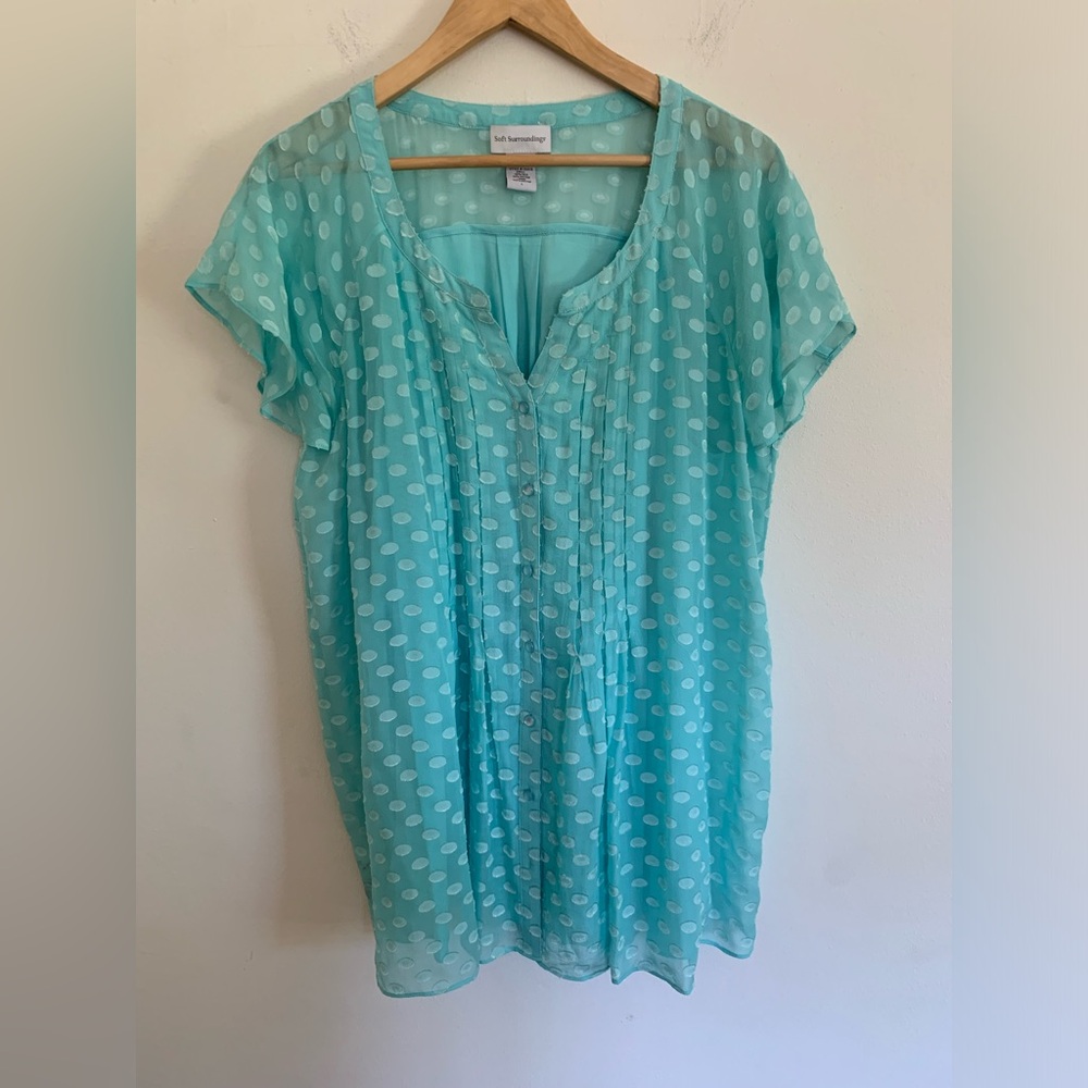 Soft Surroundings Tunic Top Aquamarine Blue Pintuck Blouse Size L